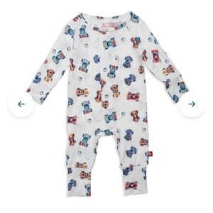 Magnetic Me White One-Piece with Multicolor Race Car Print